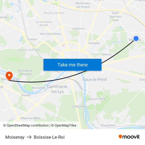 Moisenay to Boissise-Le-Roi map