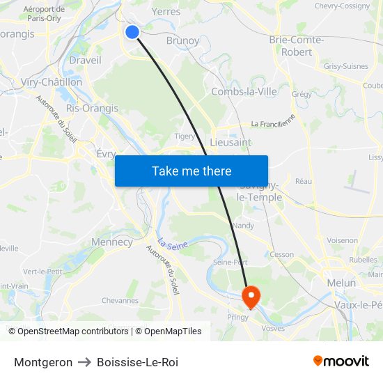 Montgeron to Boissise-Le-Roi map