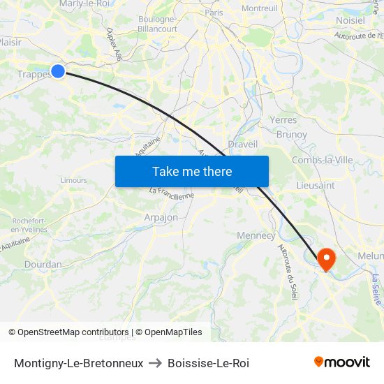 Montigny-Le-Bretonneux to Boissise-Le-Roi map