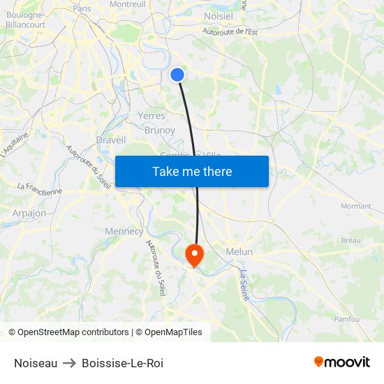 Noiseau to Boissise-Le-Roi map