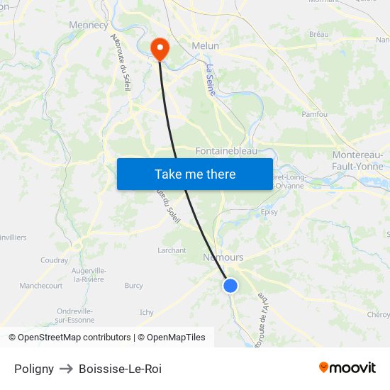 Poligny to Boissise-Le-Roi map