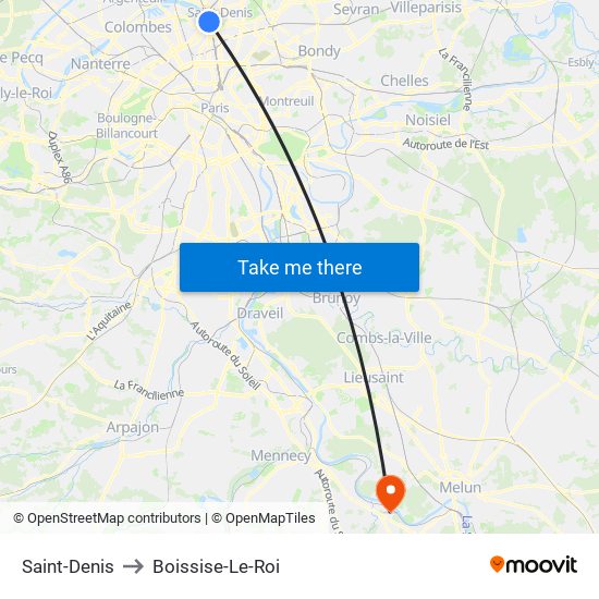 Saint-Denis to Boissise-Le-Roi map