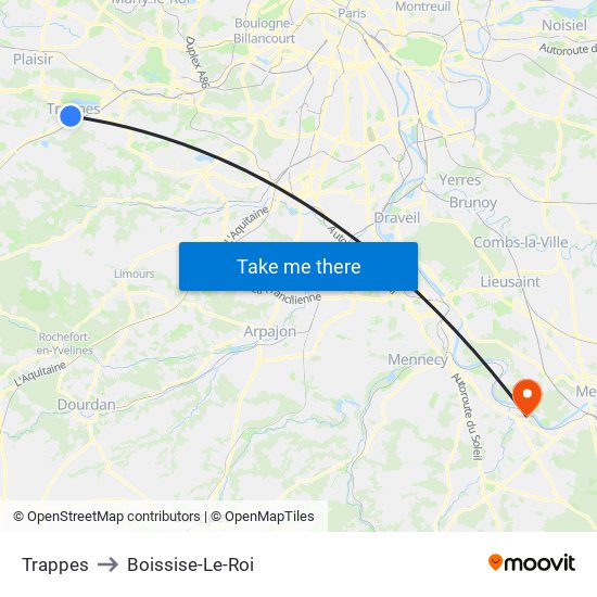 Trappes to Boissise-Le-Roi map