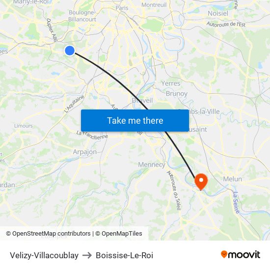 Velizy-Villacoublay to Boissise-Le-Roi map