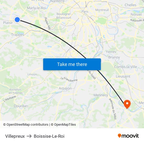 Villepreux to Boissise-Le-Roi map