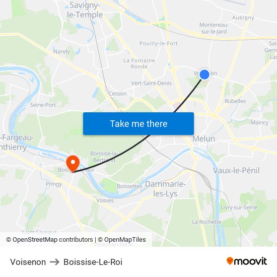 Voisenon to Boissise-Le-Roi map