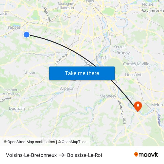 Voisins-Le-Bretonneux to Boissise-Le-Roi map