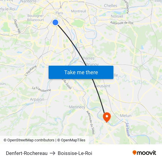 Denfert-Rochereau to Boissise-Le-Roi map