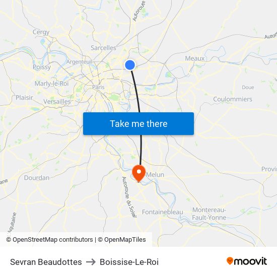 Sevran Beaudottes to Boissise-Le-Roi map