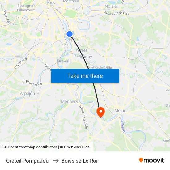 Créteil Pompadour to Boissise-Le-Roi map