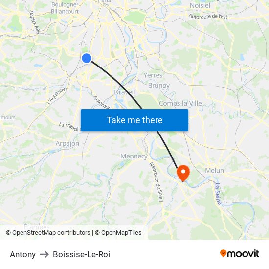 Antony to Boissise-Le-Roi map