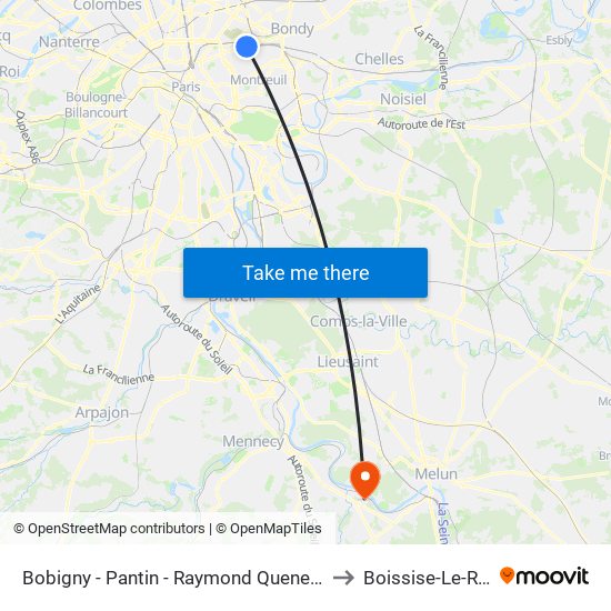 Bobigny - Pantin - Raymond Queneau to Boissise-Le-Roi map