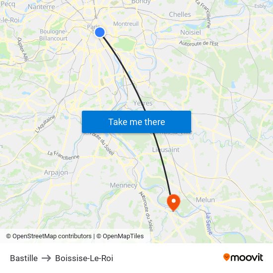 Bastille to Boissise-Le-Roi map