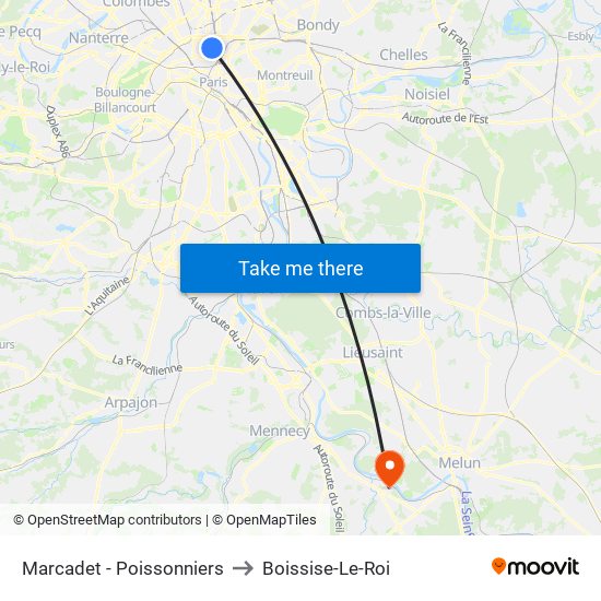 Marcadet - Poissonniers to Boissise-Le-Roi map