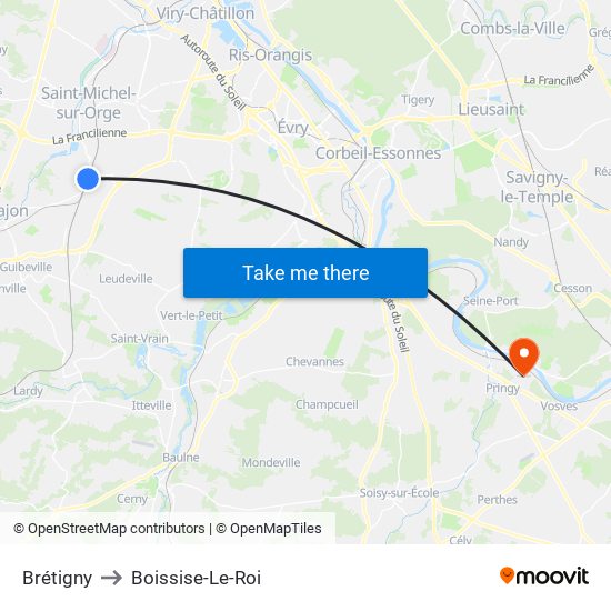 Brétigny to Boissise-Le-Roi map