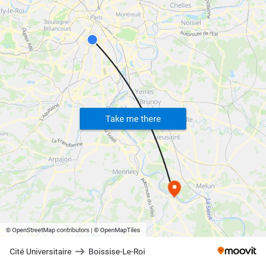 Cité Universitaire to Boissise-Le-Roi map