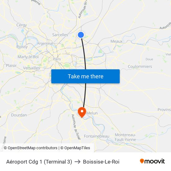 Aéroport Cdg 1 (Terminal 3) to Boissise-Le-Roi map