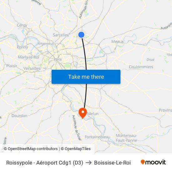 Roissypole - Aéroport Cdg1 (D3) to Boissise-Le-Roi map
