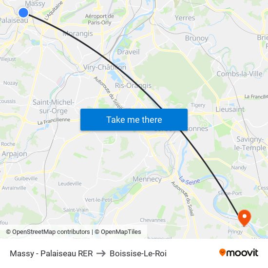 Massy - Palaiseau RER to Boissise-Le-Roi map