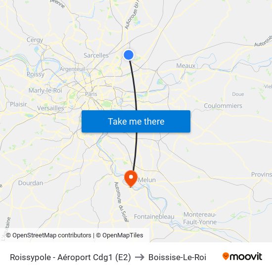 Roissypole - Aéroport Cdg1 (E2) to Boissise-Le-Roi map