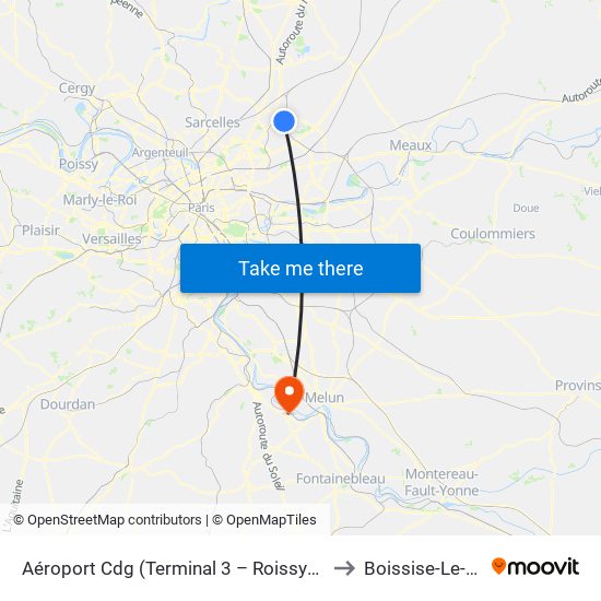 Aéroport Cdg (Terminal 3 – Roissypôle) to Boissise-Le-Roi map