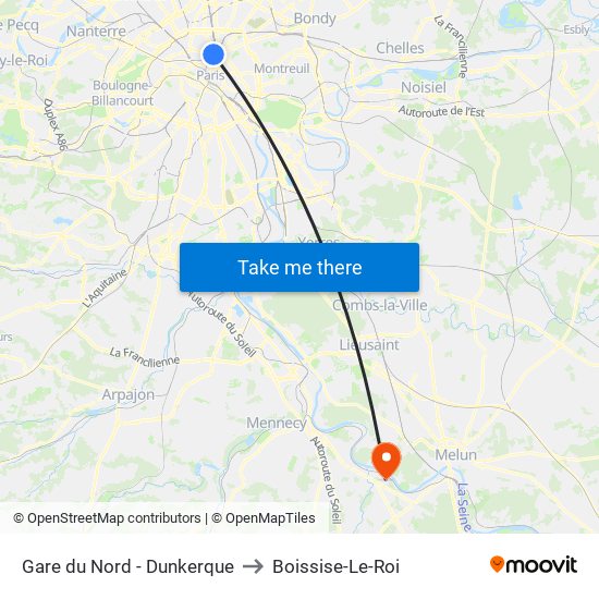 Gare du Nord - Dunkerque to Boissise-Le-Roi map