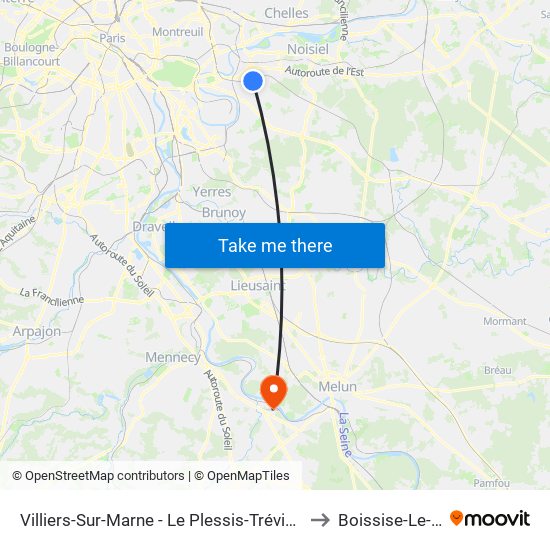 Villiers-Sur-Marne - Le Plessis-Trévise RER to Boissise-Le-Roi map