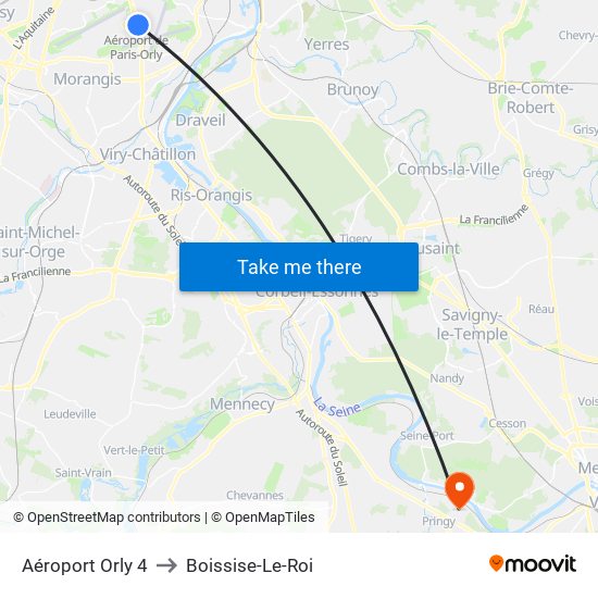 Aéroport Orly 4 to Boissise-Le-Roi map