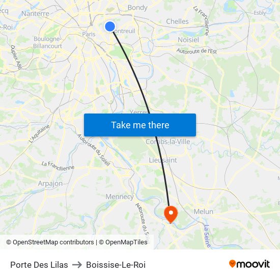 Porte Des Lilas to Boissise-Le-Roi map