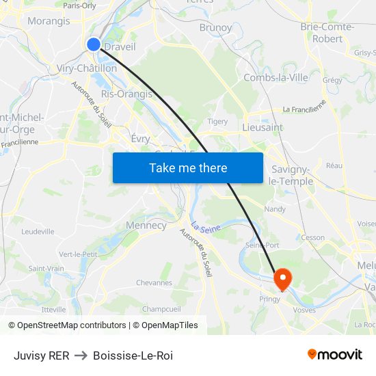 Juvisy RER to Boissise-Le-Roi map