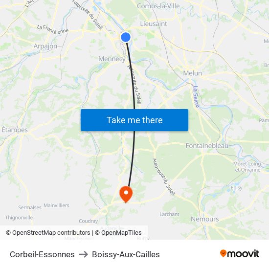 Corbeil-Essonnes to Boissy-Aux-Cailles map