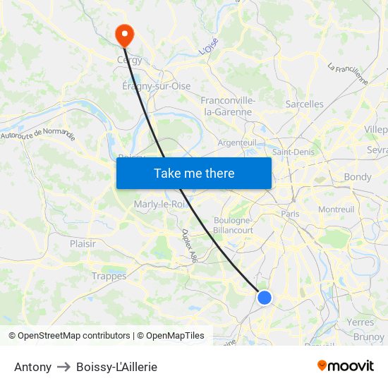 Antony to Boissy-L'Aillerie map