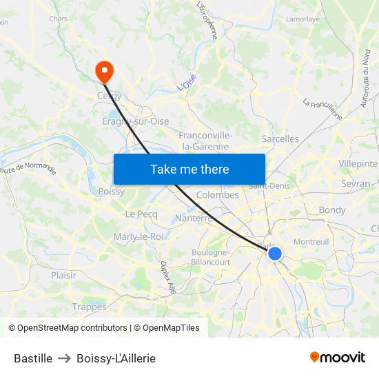 Bastille to Boissy-L'Aillerie map