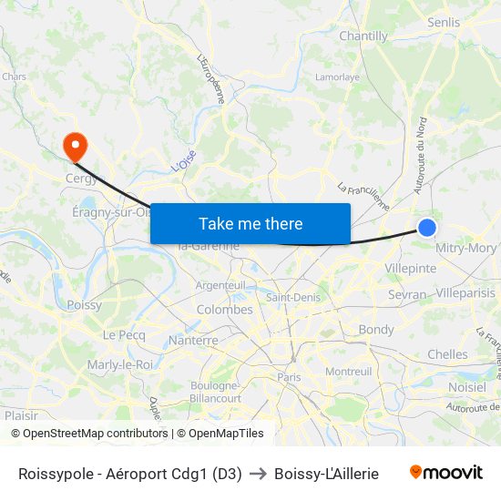 Roissypole - Aéroport Cdg1 (D3) to Boissy-L'Aillerie map