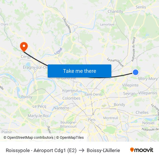 Roissypole - Aéroport Cdg1 (E2) to Boissy-L'Aillerie map