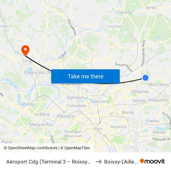 Aéroport Cdg (Terminal 3 – Roissypôle) to Boissy-L'Aillerie map