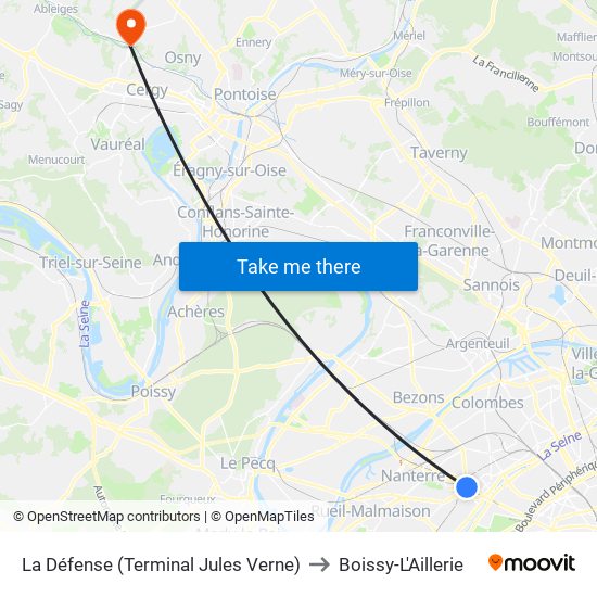 La Défense (Terminal Jules Verne) to Boissy-L'Aillerie map