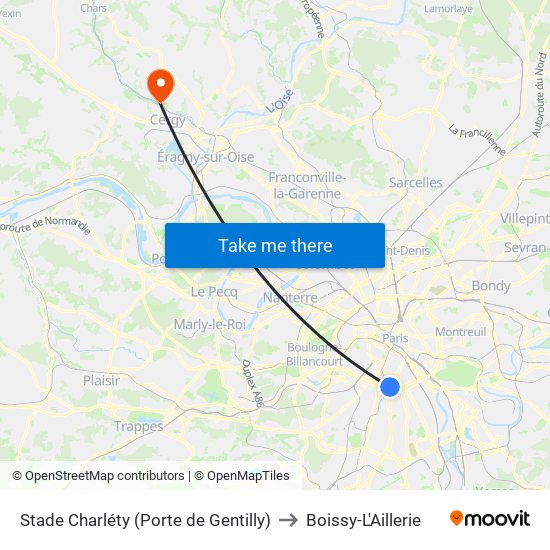 Stade Charléty (Porte de Gentilly) to Boissy-L'Aillerie map