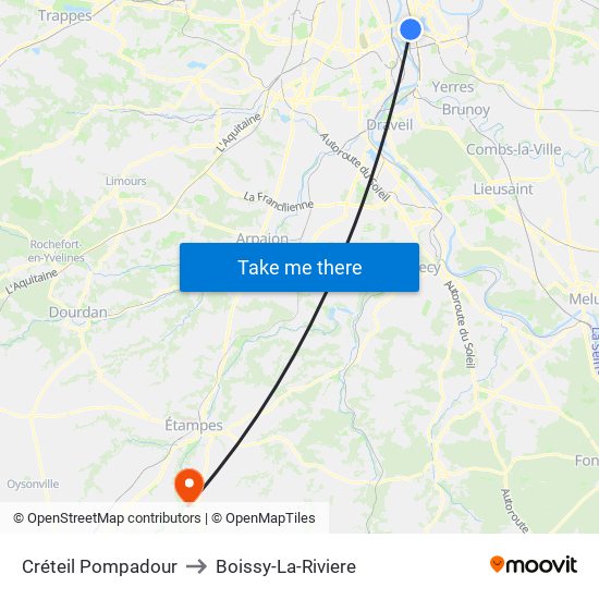 Créteil Pompadour to Boissy-La-Riviere map