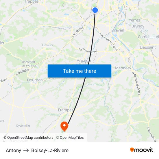 Antony to Boissy-La-Riviere map