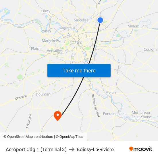 Aéroport Cdg 1 (Terminal 3) to Boissy-La-Riviere map