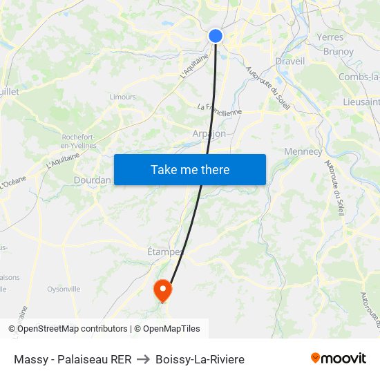 Massy - Palaiseau RER to Boissy-La-Riviere map