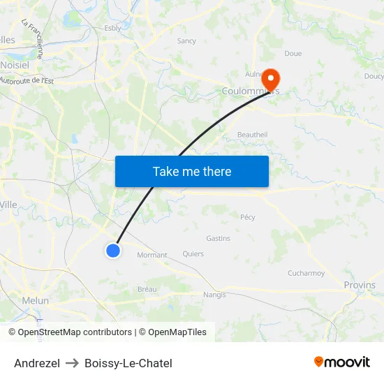 Andrezel to Boissy-Le-Chatel map