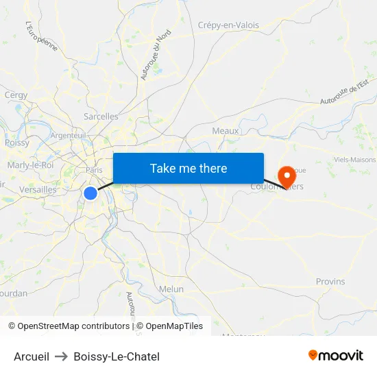 Arcueil to Boissy-Le-Chatel map