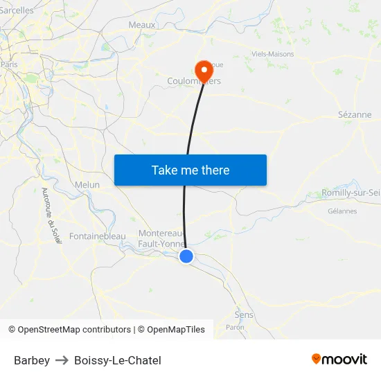 Barbey to Boissy-Le-Chatel map