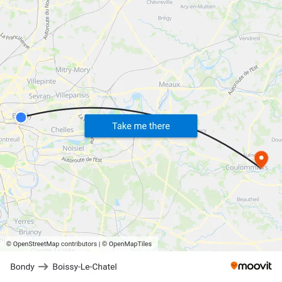 Bondy to Boissy-Le-Chatel map