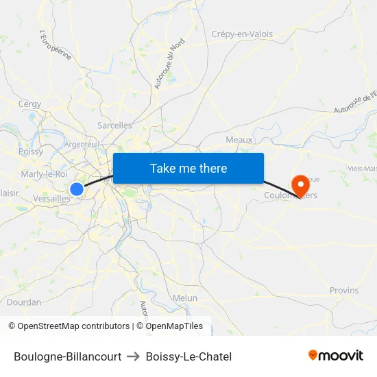 Boulogne-Billancourt to Boissy-Le-Chatel map