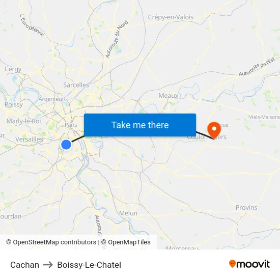 Cachan to Boissy-Le-Chatel map