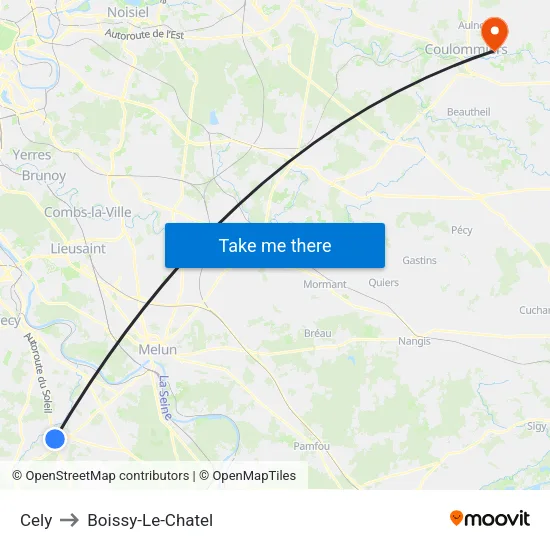 Cely to Boissy-Le-Chatel map