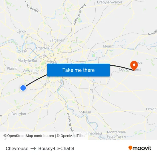 Chevreuse to Boissy-Le-Chatel map